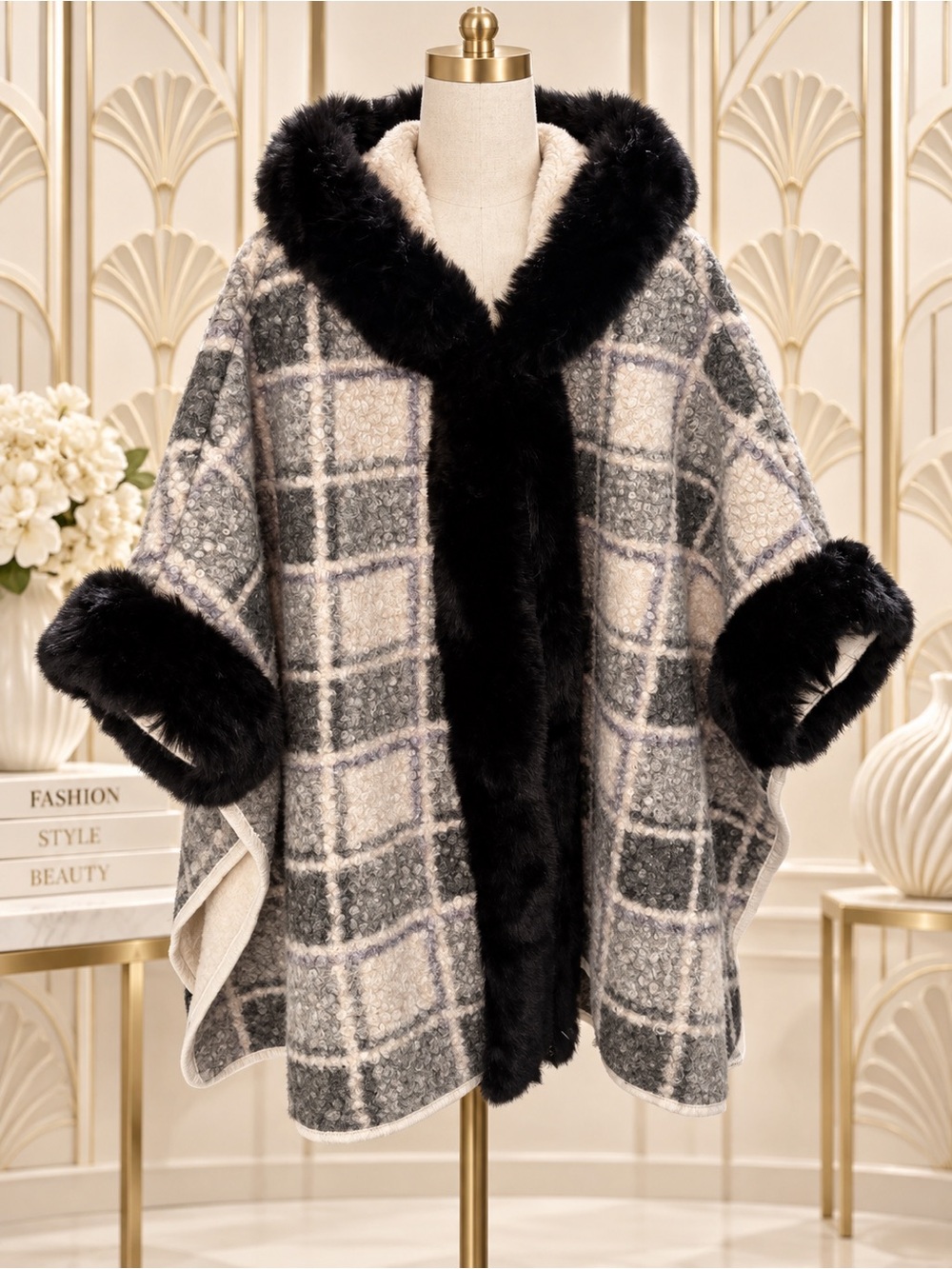 🆕😍 LUV!Luxury Plaid Faux-Fur Trim Hooded Capelet Blk / Cream